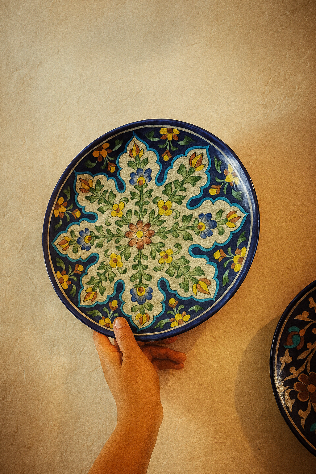 "Handcrafted 8-inch blue pottery plate with floral design from Rajasthan India"
