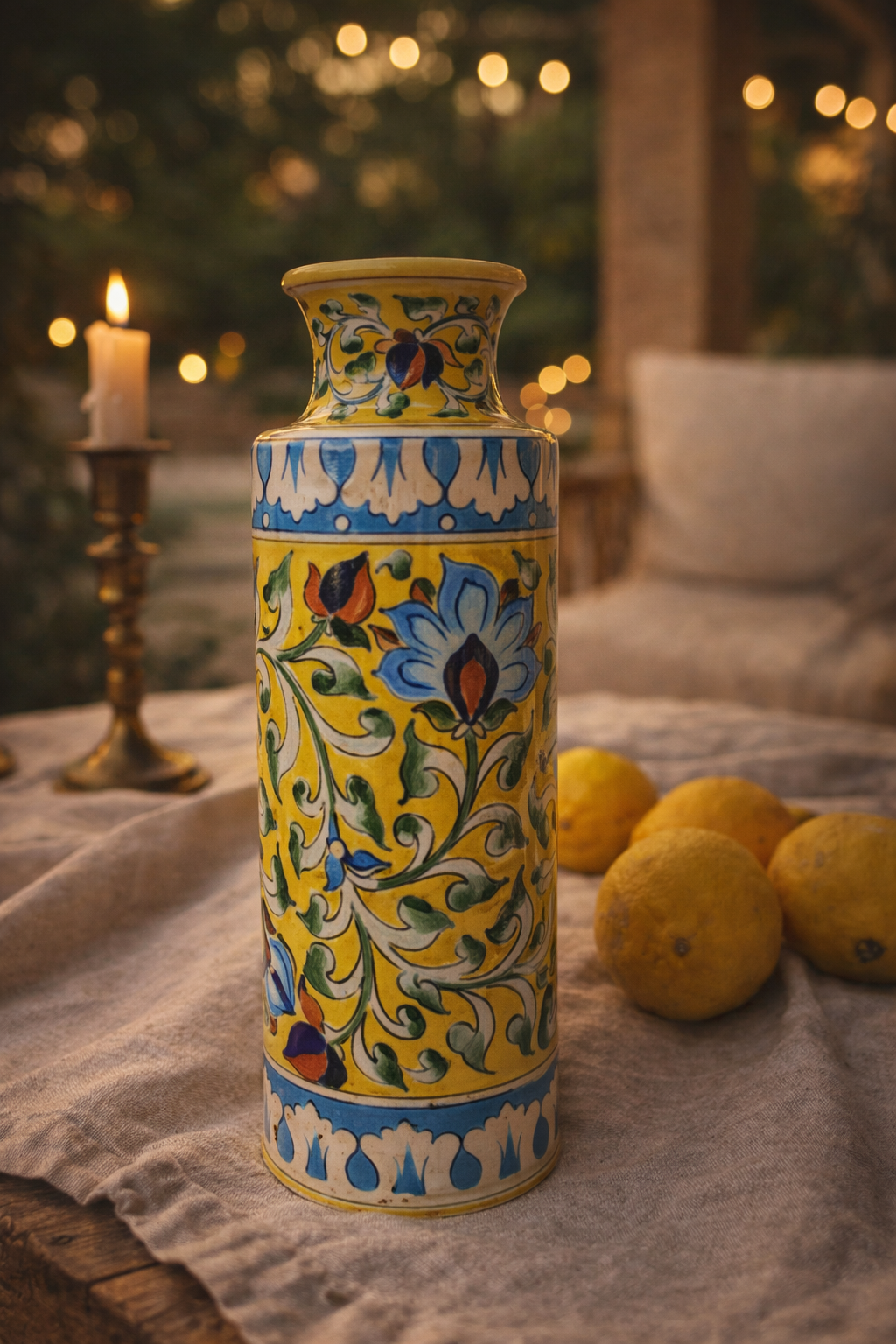 Handpainted Mughal Vase — handcrafted blue pottery with Mughal floral motifs, Jaipur