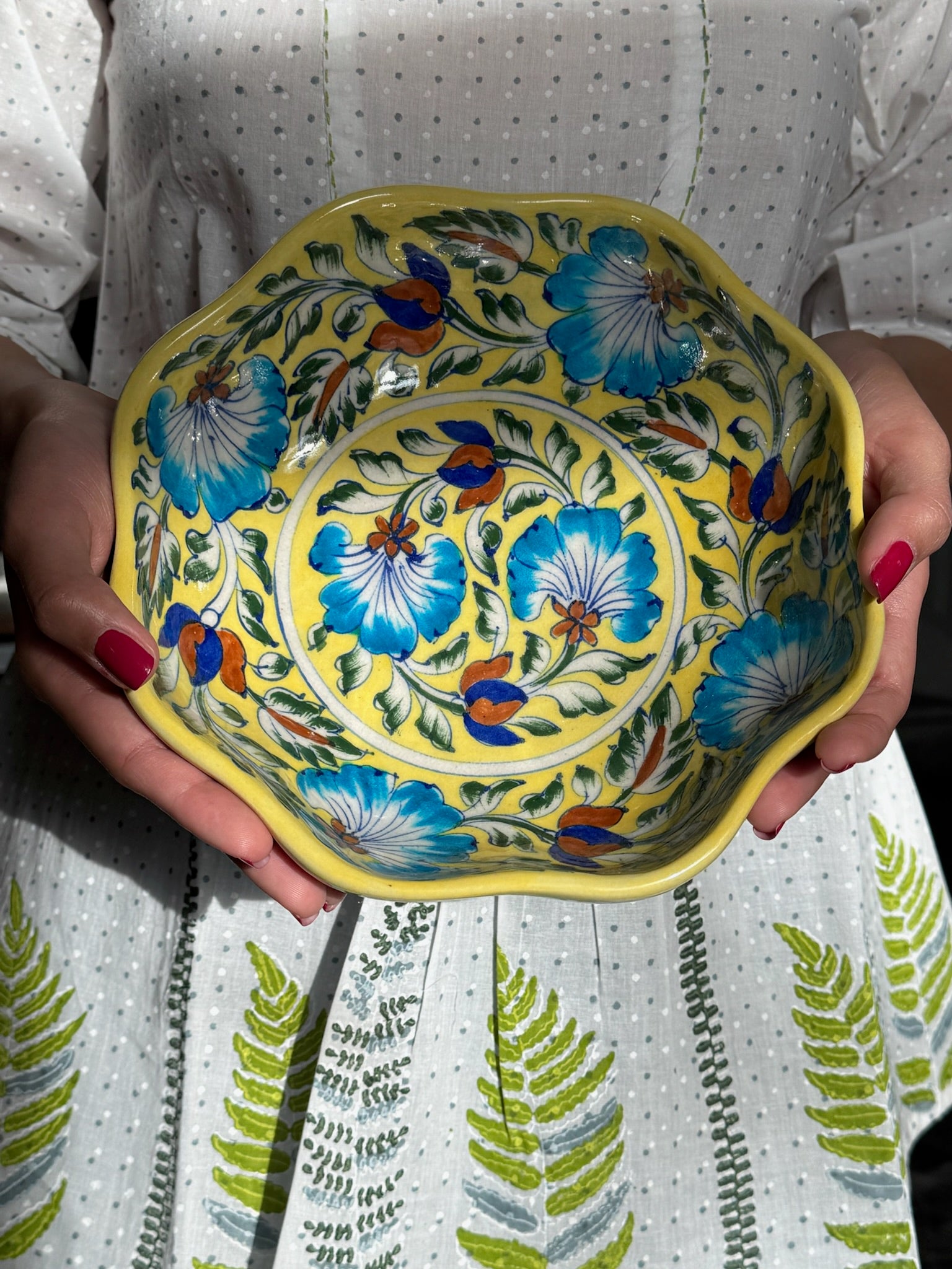 Terra handmade blue pottery bowl — hand-painted with floral motifs, Jaipur artisan craft
