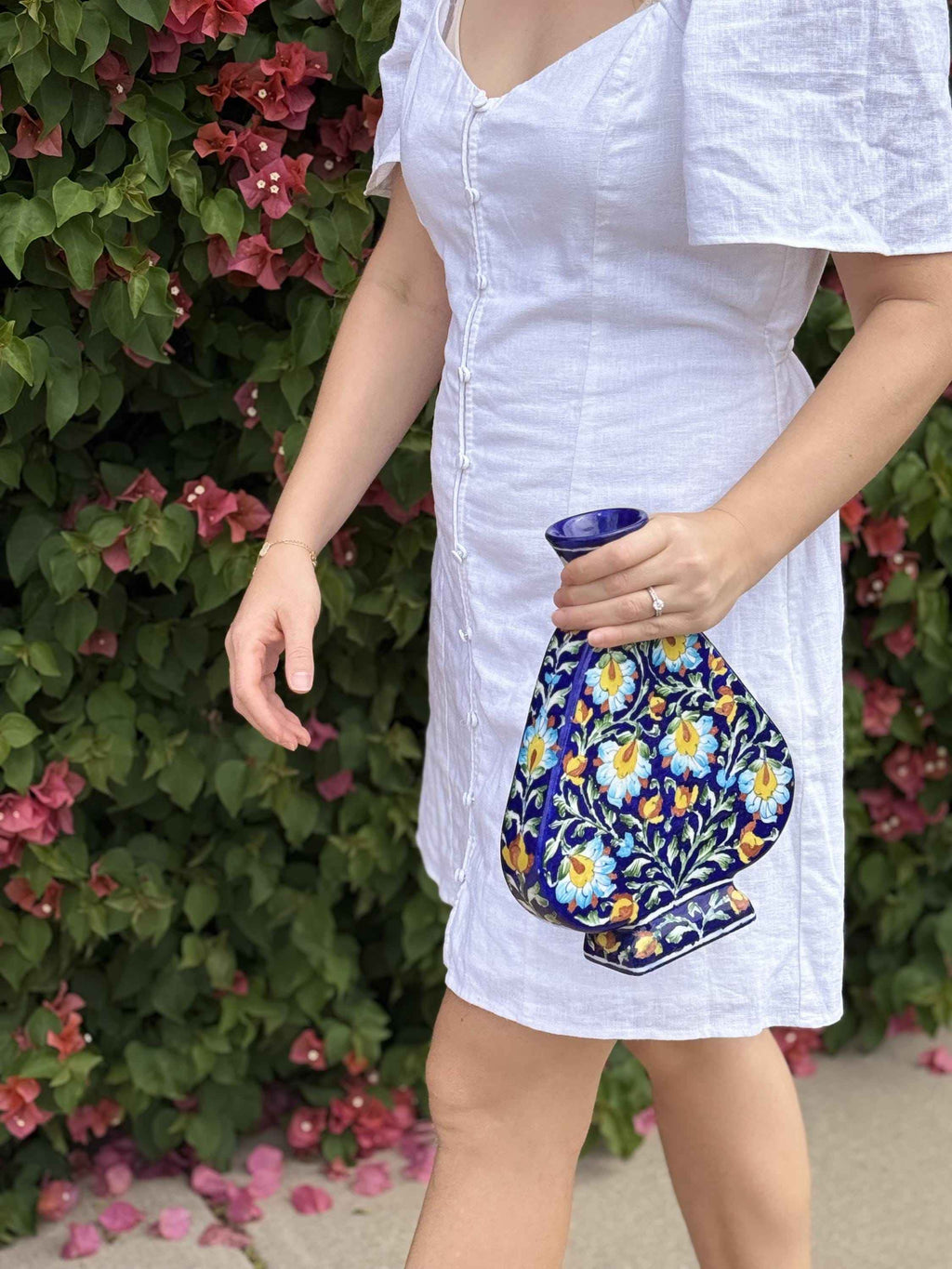 Handcrafted Azura blue pottery flower vase from Jaipur, India